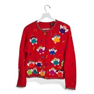 Christina Rotelli Cardigan Red Multi Angels Music Christmas Sweater W1984 Sz M
